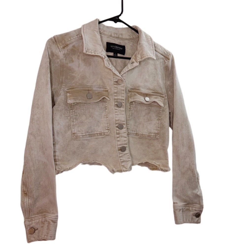 Liverpool Los Angeles Denim Jacket Crop Frayed Hem Beige Bleach Wash Sz S